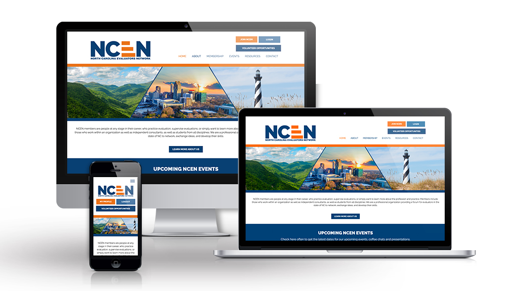 desktop, laptop, & cell phone displaying the homepage of NC Evaluators