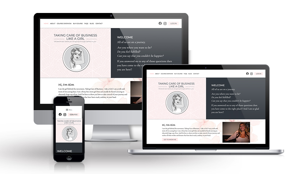 desktop, laptop, & cell phone displaying the homepage of Care of Business Like a Girl