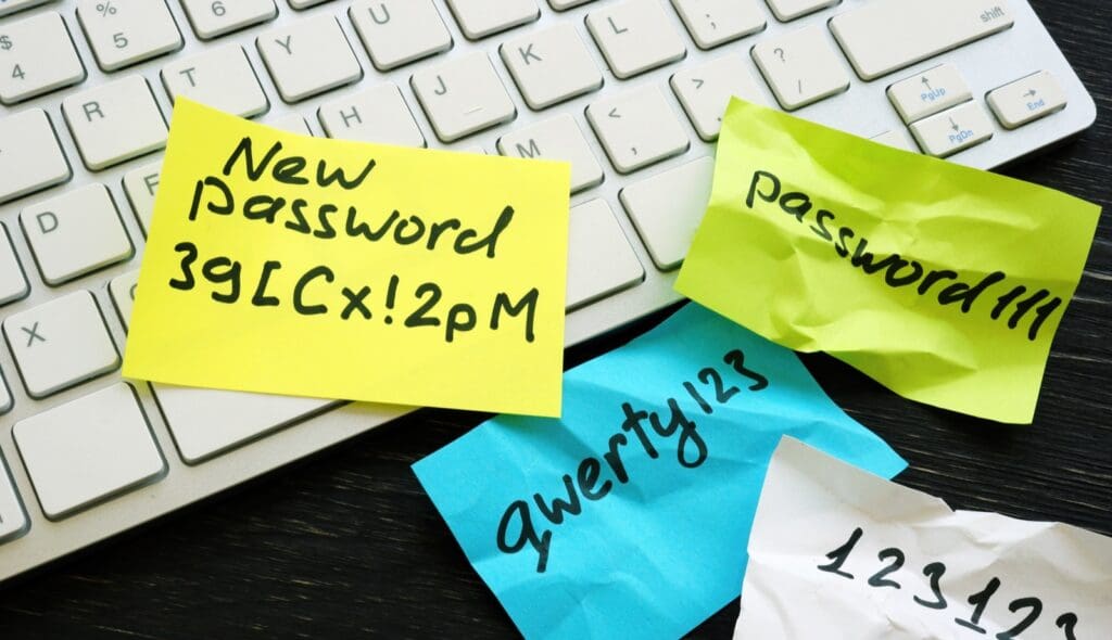 New strong password and weak ones near keyboard. Granting Account Access