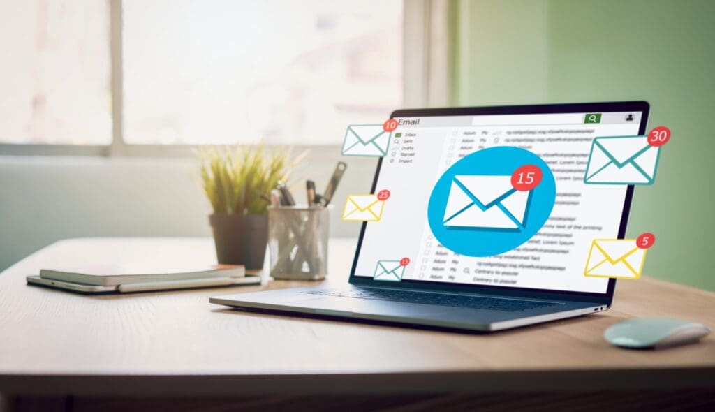 New email alert on laptop, communication connection message to global letters in the workplace. email marketing newsletter | laptop with mail icons