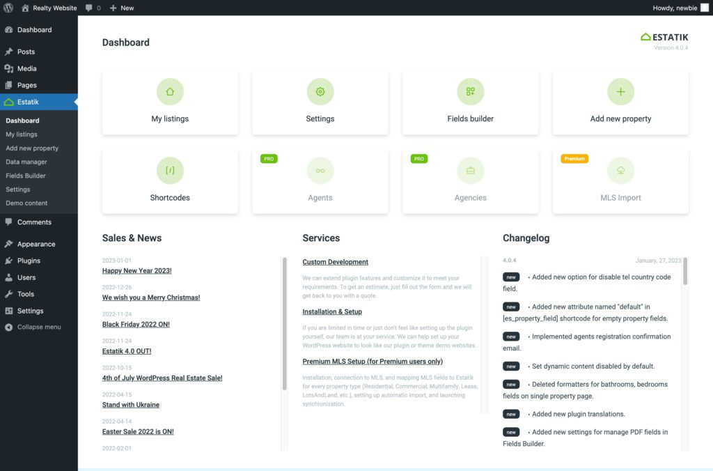 Estatik Dashboard Options