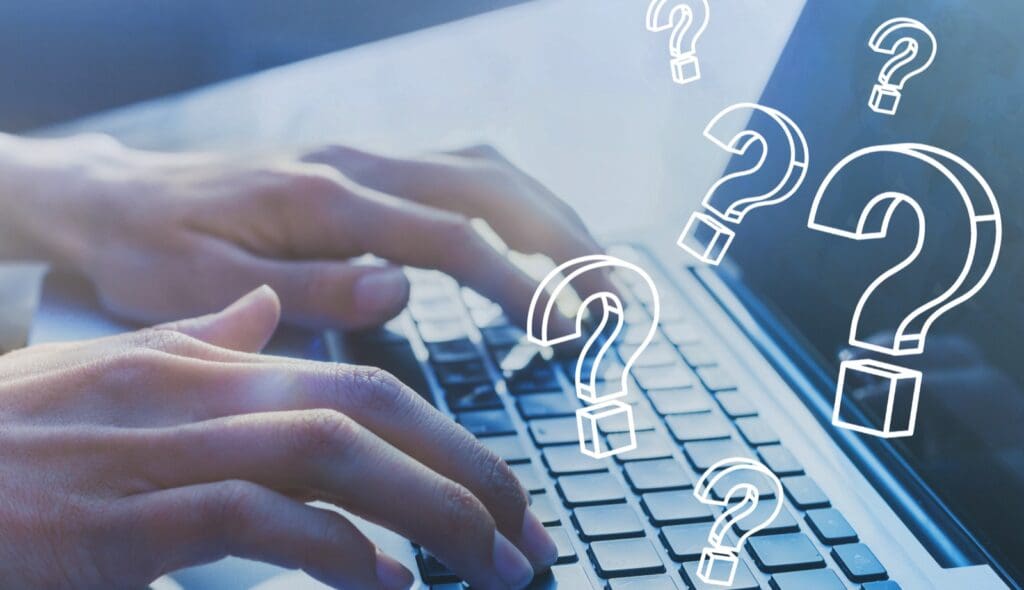FAQ, ask quiestion online, what where when how and why, search information on internet Question marks over keyboard | FAQ page
