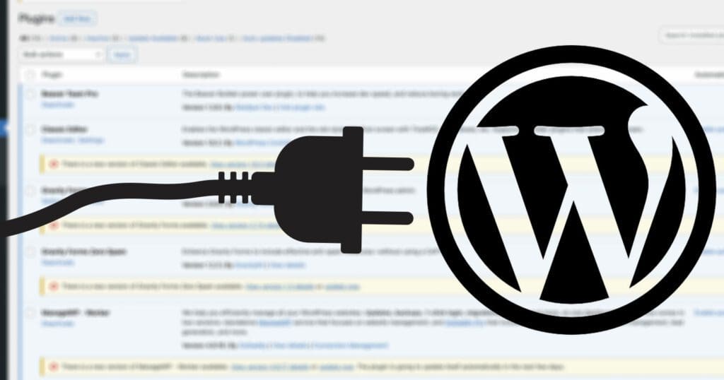 Graphic of Electrical Cord and WordPress Logo to represent updating wordpress plugins