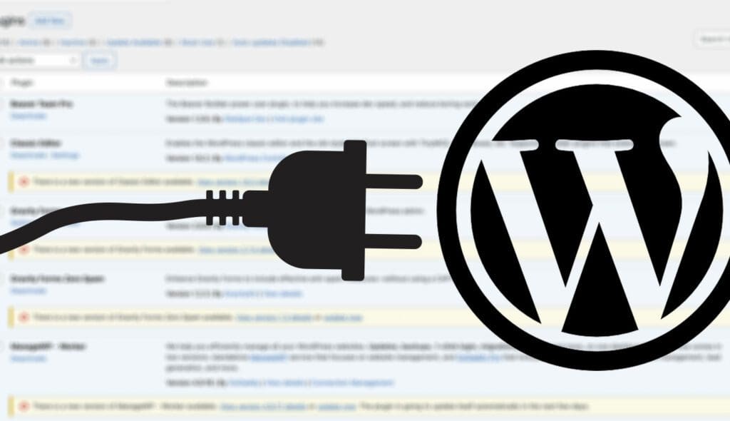 updating-wordpress-plugins Graphic of Electrical Cord and WordPress Logo to represent updating wordpress plugins