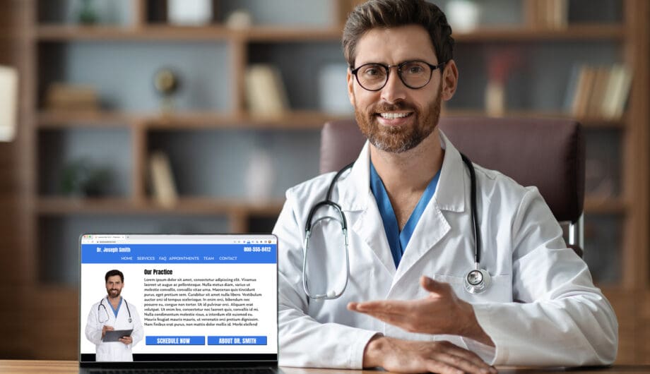 website-for-medical-practice A doctor showing his website for medical practice