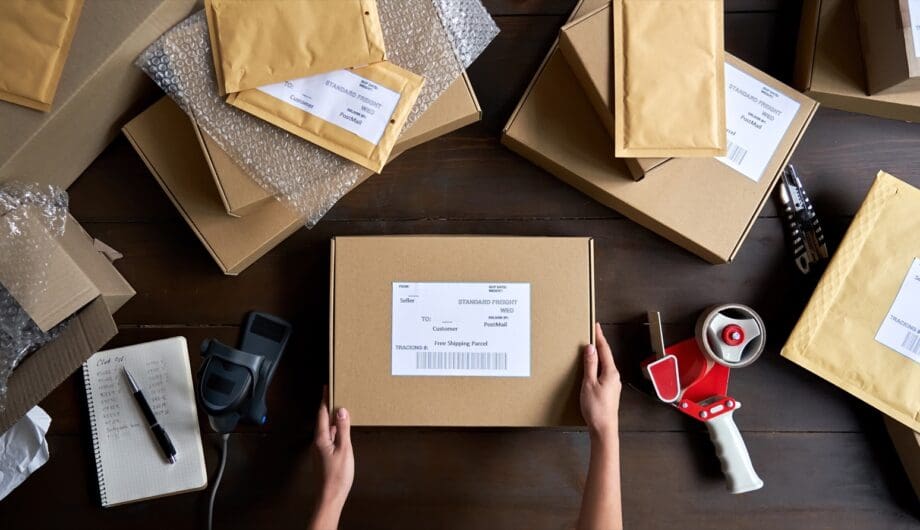 Above table top view of female warehouse worker or seller packing ecommerce shipping order box for dispatching, preparing post courier delivery package, dropshipping shipment service concept.