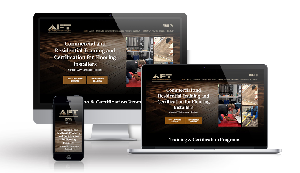 desktop, laptop, & cell phone displaying the homepage of Advance Flooring Technology