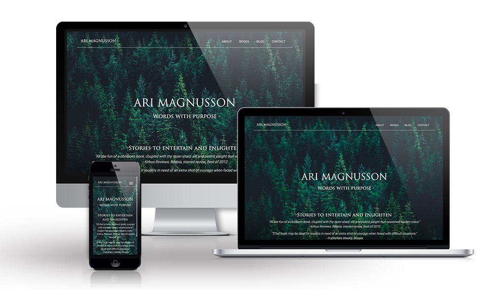 desktop, laptop, & cell phone displaying the homepage of Ari Magnusson