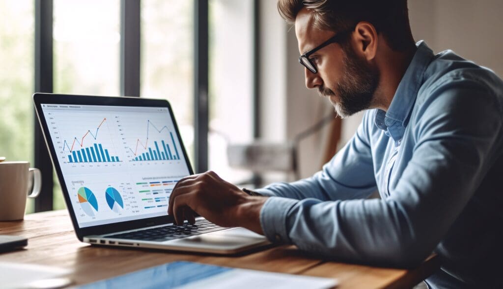 Data analysis to increase sales and revenue. Man sitting with laptop and working with growing graph. Business data analytics concept. Generative ai. Measuring website traffic