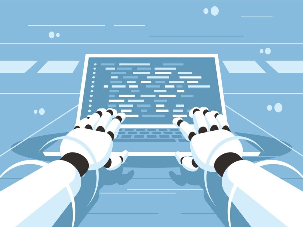 robot hands typing on computer