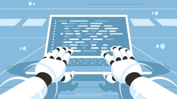Artificial intelligence writing code. Chat bot. Robot is sitting at laptop. Vector illustration robot hands typing on computer using ai to generate content