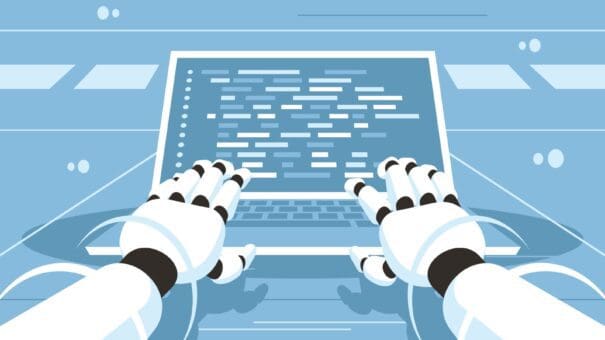 robot hands typing on computer using ai to generate content