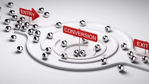 3D illustration of a conversion funnel to demonstrate conversion tracking