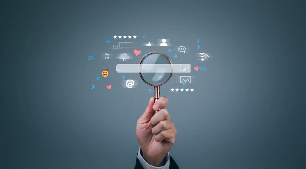 searcher with magnifying class on a search page trying to find out how to get your website found on google faster and other SEO Tips