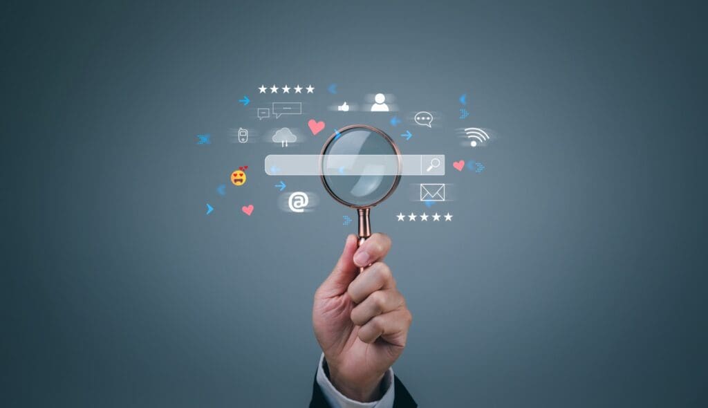 SEO Tips - get your website found on google faster searcher with magnifying class on a search page trying to find out how to get your website found on google faster and other SEO Tips