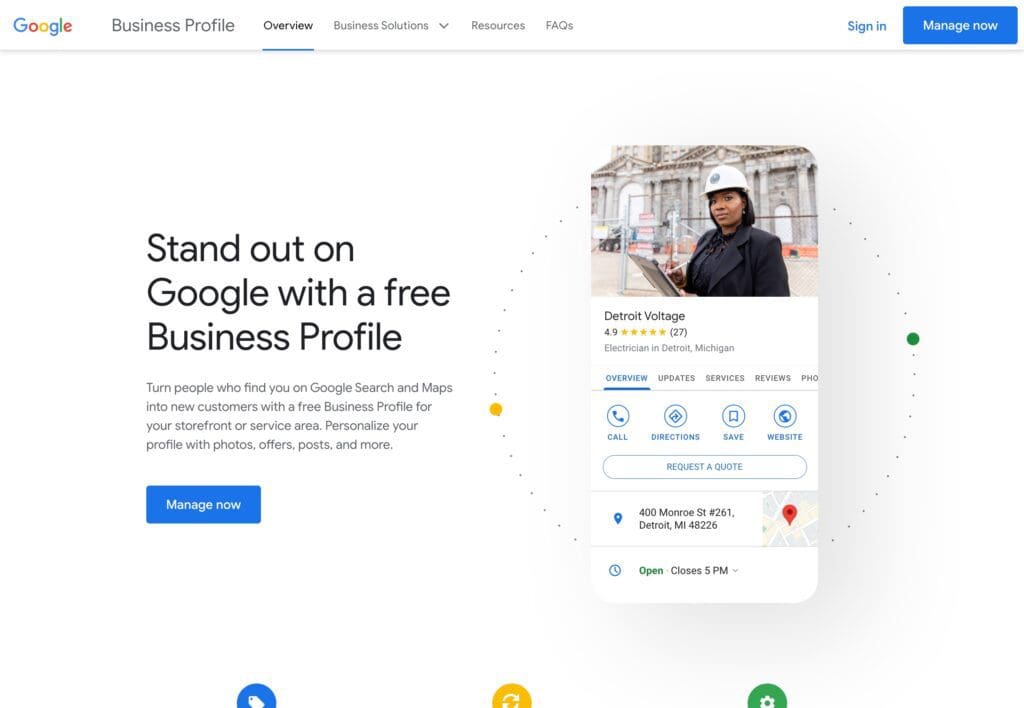 Screenshot of Google Business Profile landing page