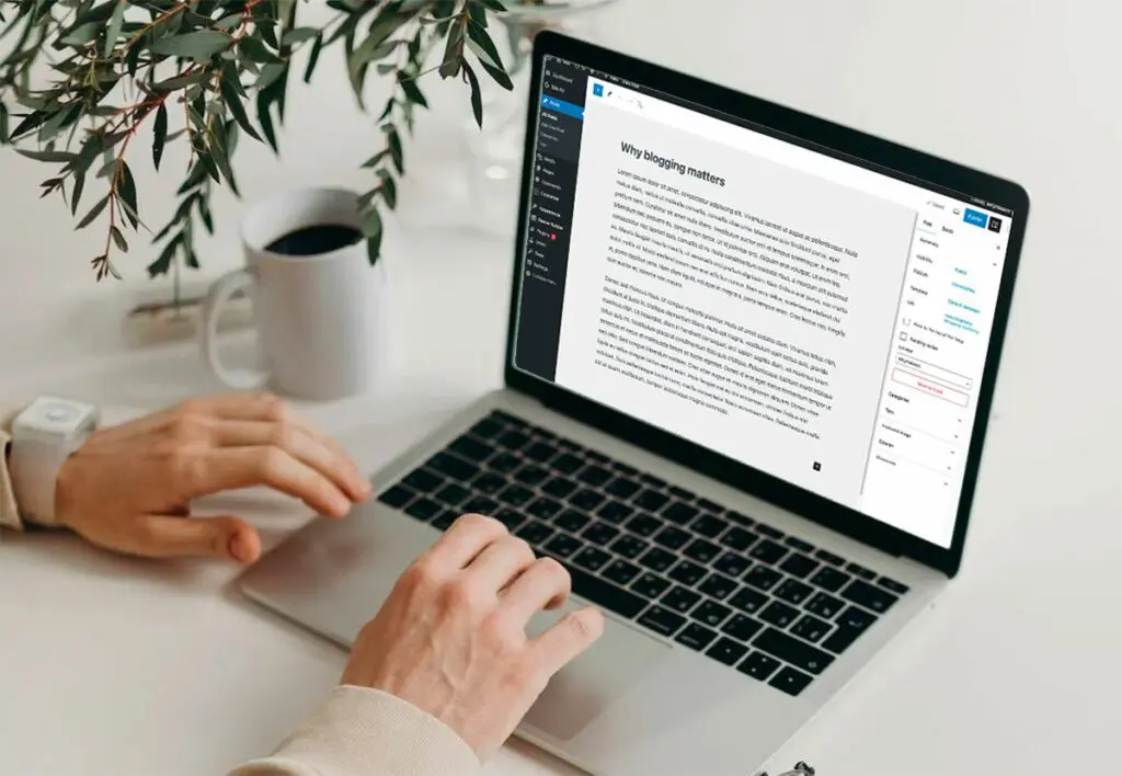 After learning how to rank higher on Google Search, the business owner is typing a blog post