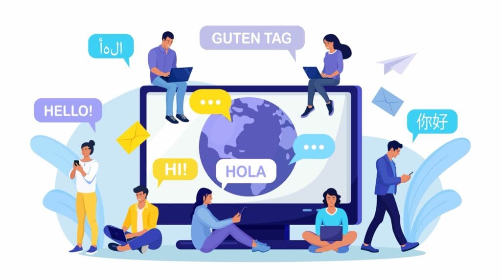 People chatting in foreign languages, using multilingual websites on laptop, phone. Multilingual greeting. Hello in different languages. Diverse cultures, international communication. Earth planet on computer screen