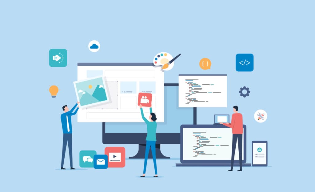 Illustration of cartoons designing a website