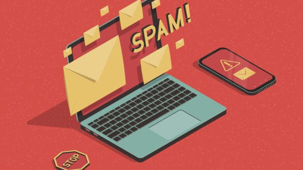 illustration of laptop and spam email to represent needing an email deliverability expert