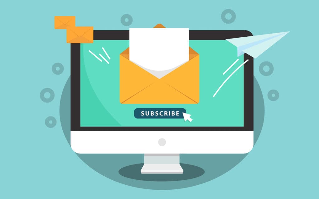 Subscribe for newsletter concept. Subscribe button with cursor on the computer screen. Open message with document. Paper airplane icon. Vector illustration