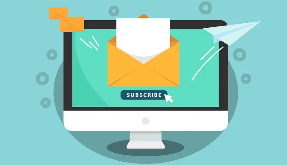 Subscribe for newsletter concept. Subscribe button with cursor on the computer screen. Open message with document. Paper airplane icon. Subscribe for newsletter concept. Subscribe button with cursor on the computer screen. Open message with document. Paper airplane icon. Vector illustration