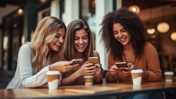 Group of young women having fun sharing media with an cellphone.