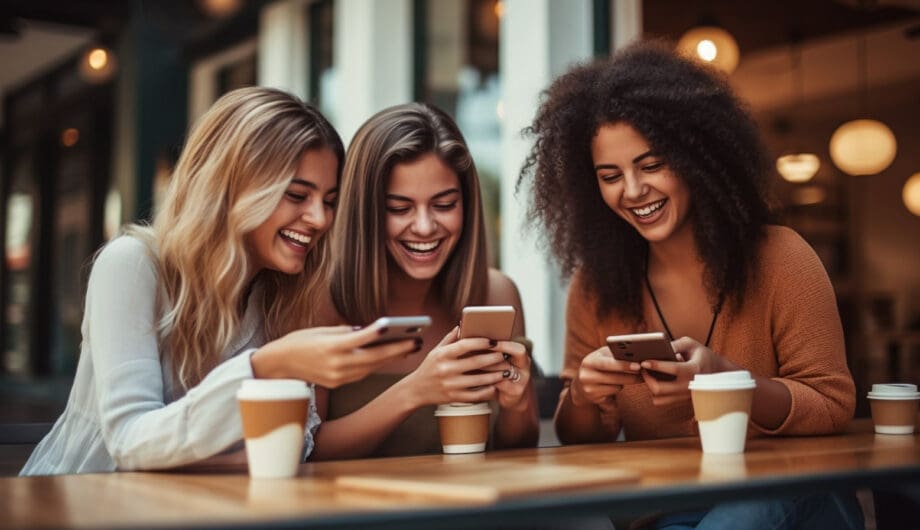 Group of young women having fun sharing media with an cellphone.