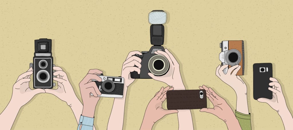 Illustration of cameras taking photos