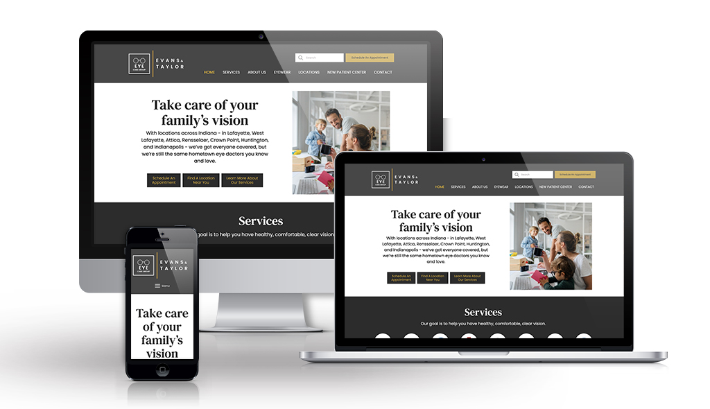 evans-taylor-Portfolio_Mockups cell phone, desktop & laptop displaying Evans & Taylor Eye Care Group home page
