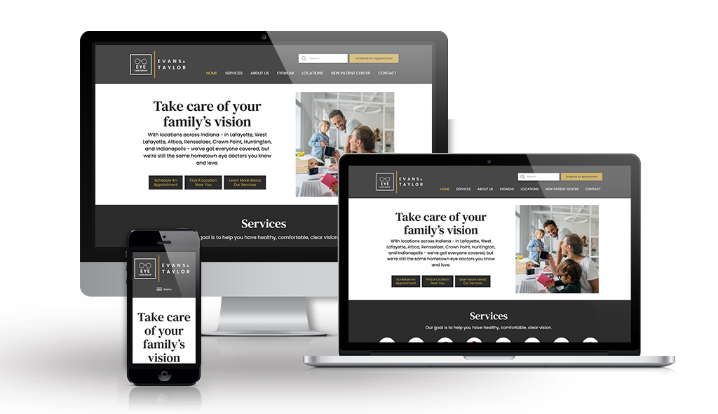 cell phone, desktop & laptop displaying Evans & Taylor Eye Care Group home page