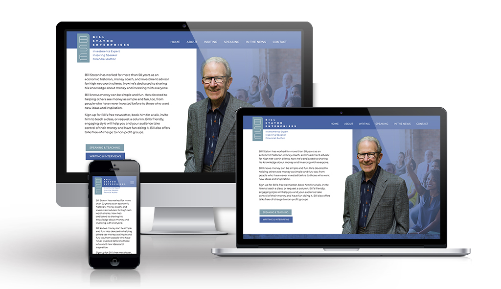 cell phone, desktop & laptop displaying Bill Staton Talks Money home page