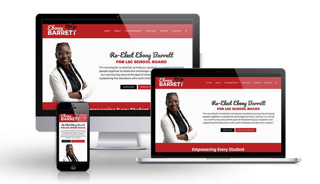 emilly-barrett-Portfolio_Mockups cell phone, desktop & laptop displaying Re-elect Emily Barrett home page