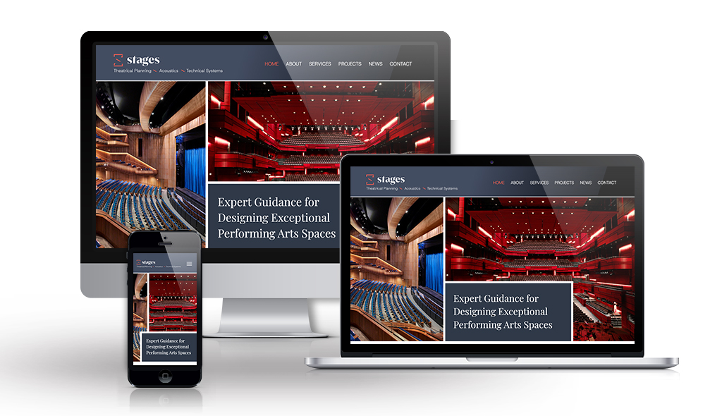 stages-Portfolio_Mockups cell phone, desktop & laptop displaying Stages Consultants home page