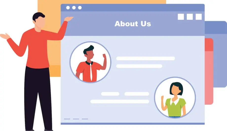 The guy is pointing to the about us page on the webpage. The About Us Page