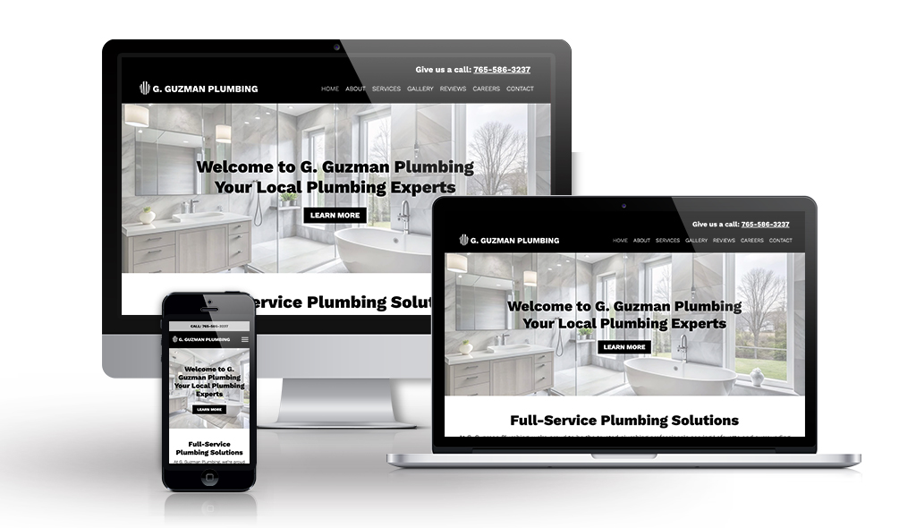 cell phone, desktop & laptop displaying G. Guzman Plumbing home page