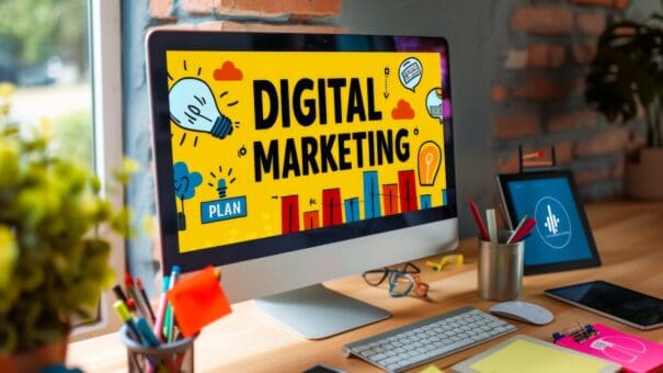 Desktop computer showing graphic that says digital marketing | website design and digital marketing
