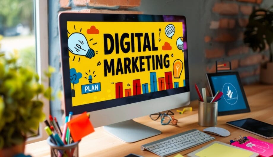 A creative workspace featuring a colorful digital marketing poster above a desk with a computer, glasses, and various office supplies. Desktop computer showing graphic that says digital marketing | website design and digital marketing