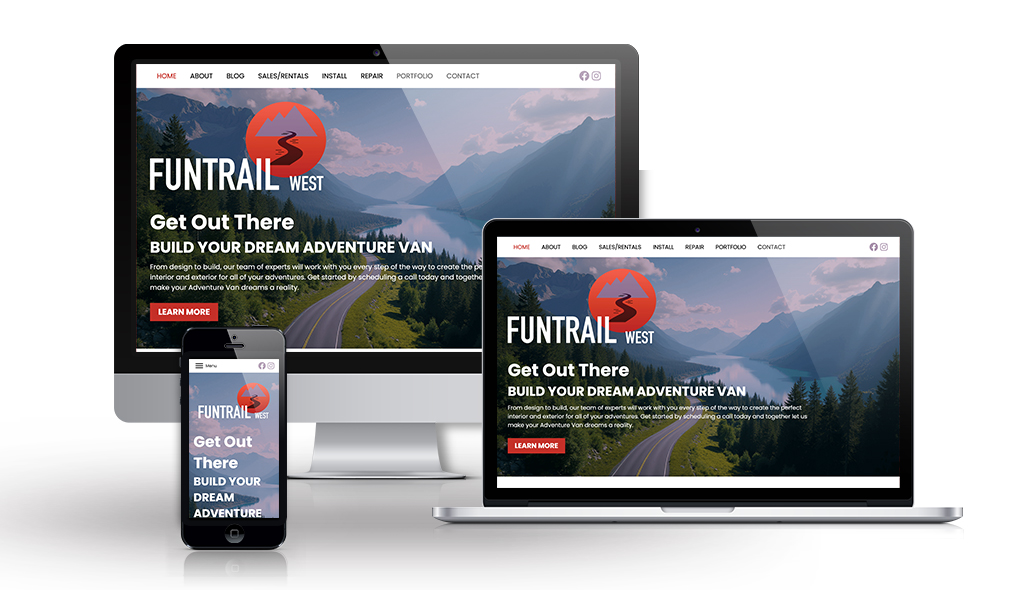 cell phone, desktop & laptop displaying FunTrail West home page
