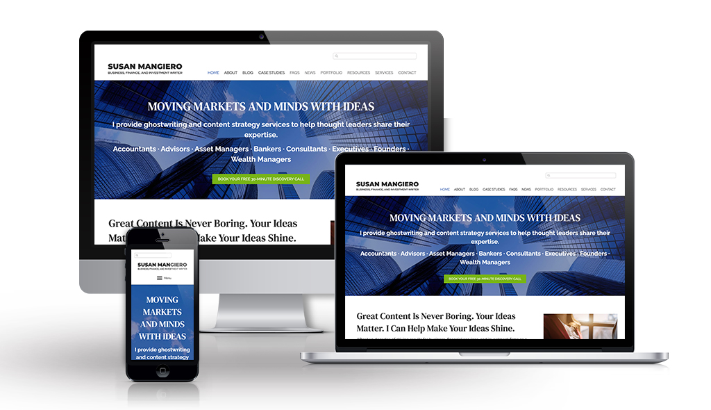 cell phone, desktop & laptop displaying Susan Mangiero's home page