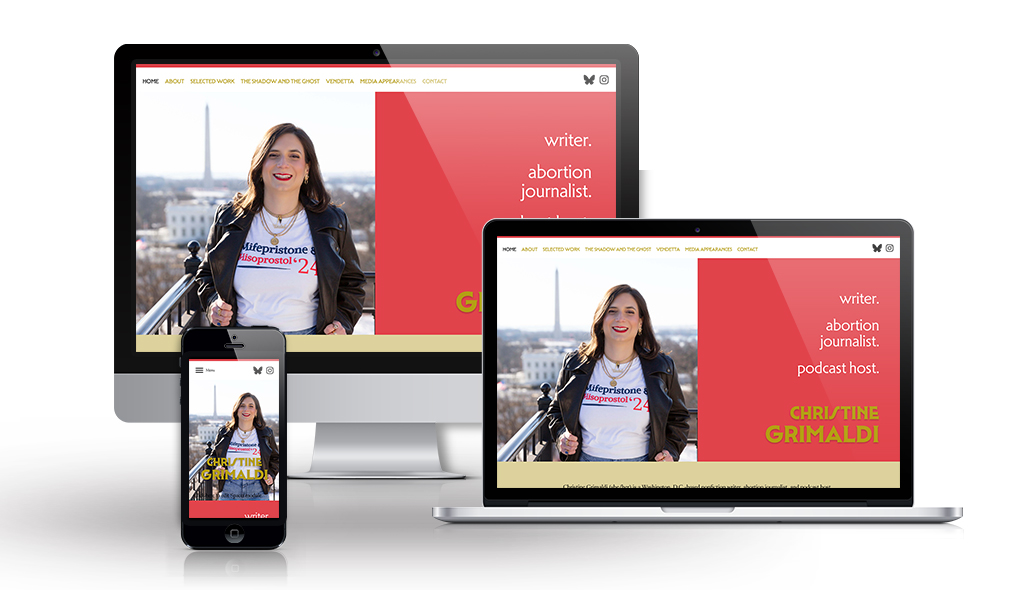 cell phone, desktop & laptop displaying Christine Grimaldi's home page