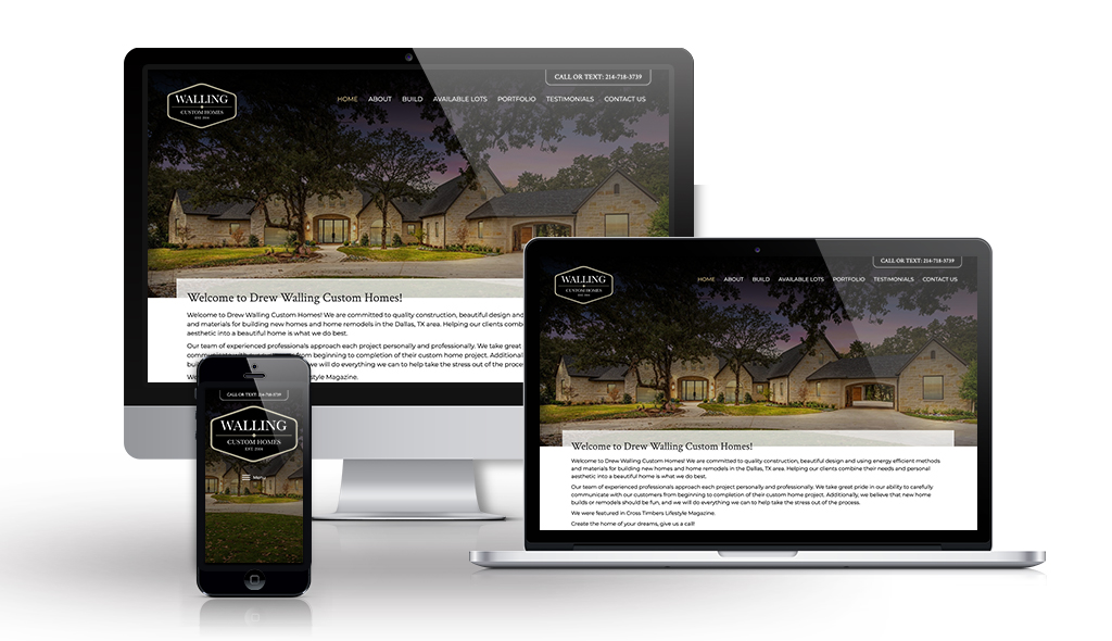 walling-homes-Portfolio_Mockups cell phone, desktop & laptop displaying Walling Custom Homes home page