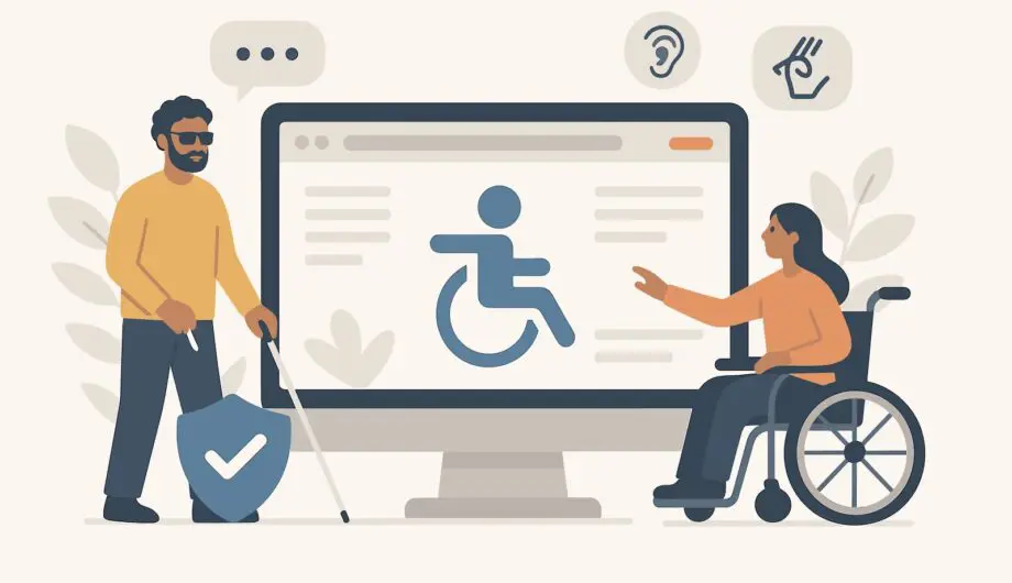 Web accessibility concept. Inclusive user experience for people with disabilities. Blind man and woman in wheelchair using accessible website. Digital inclusion, diversity, equality vector. Accessibility graphic showing a website that is accessible for those with disabilities