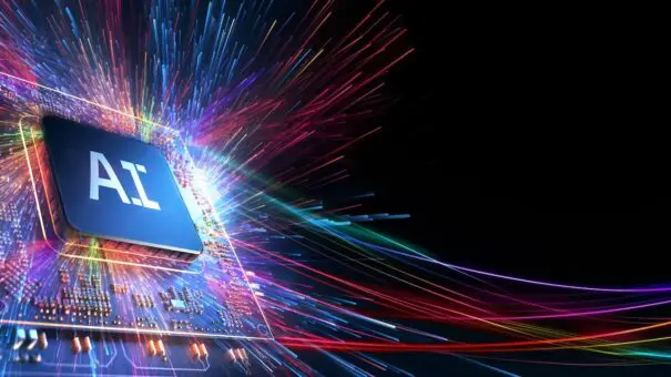 AI word on microchip and colorful light spread with strong beam , AI concept with copyspace banner background, Generative AI.