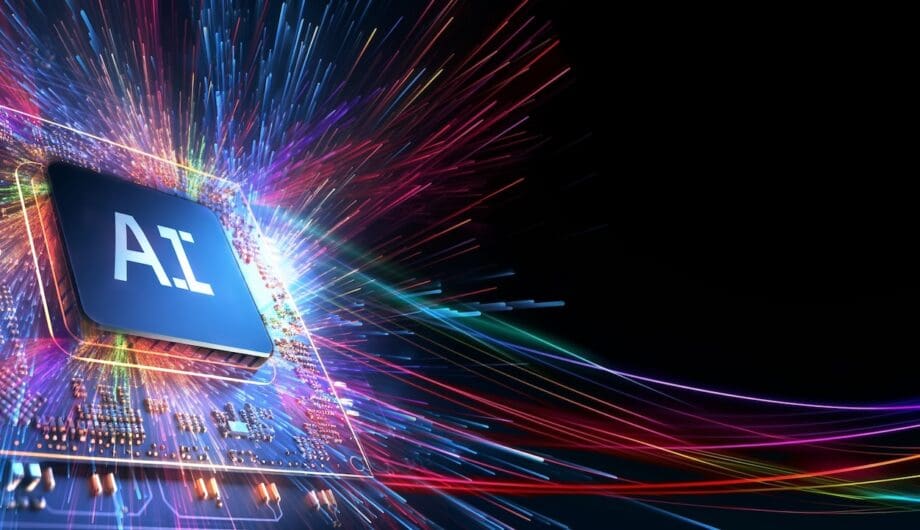 AI word on microchip and colorful light spread with strong beam , AI concept with copyspace banner background, Generative AI. AI word on microchip and colorful light spread with strong beam , AI concept with copyspace banner background, Generative AI.