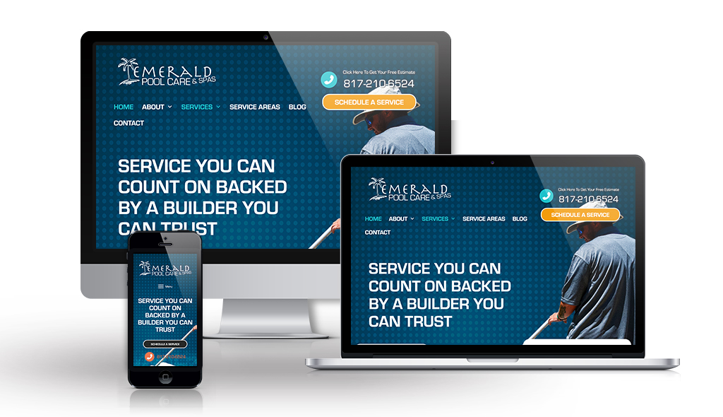 emerald-pool-care-Portfolio_Mockups cell phone, desktop & laptop displaying Emerald Pool Care home page