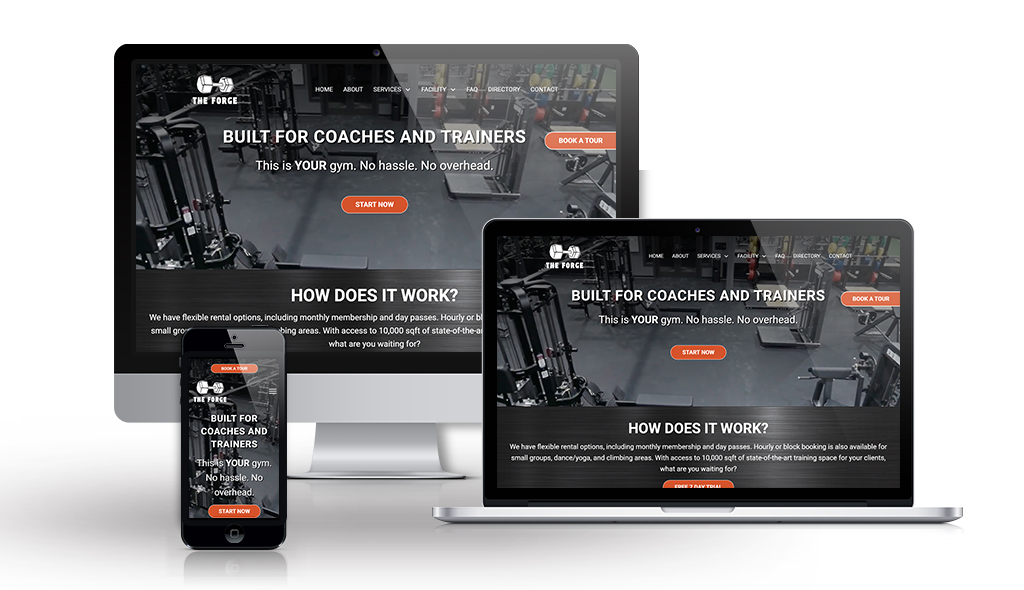the-forge-Portfolio_Mockups cell phone, desktop & laptop displaying The Forge home page