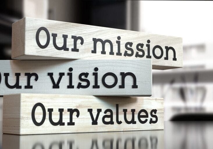 Blocks that read Our Mission, Our Vision, Our Values to represent an about us page