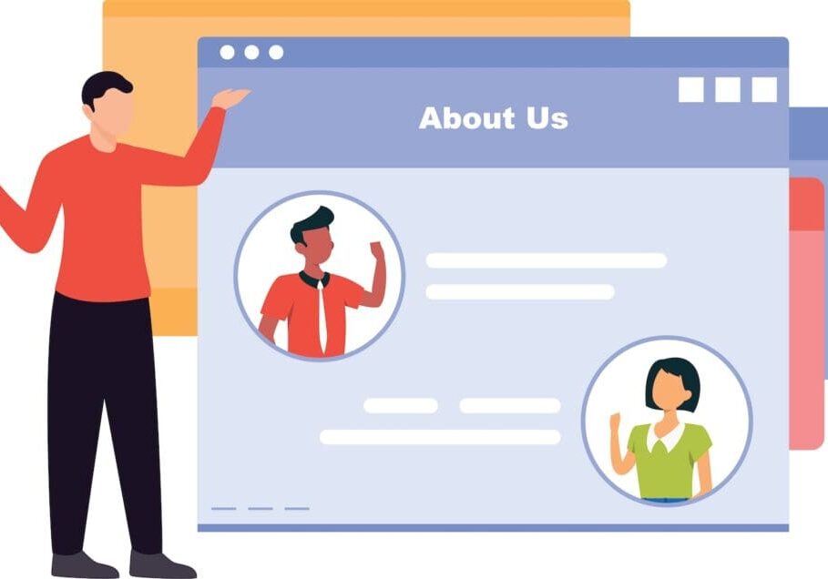The guy is pointing to the about us page on the webpage. The About Us Page