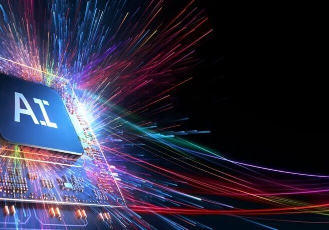 AI word on microchip and colorful light spread with strong beam , AI concept with copyspace banner background, Generative AI.